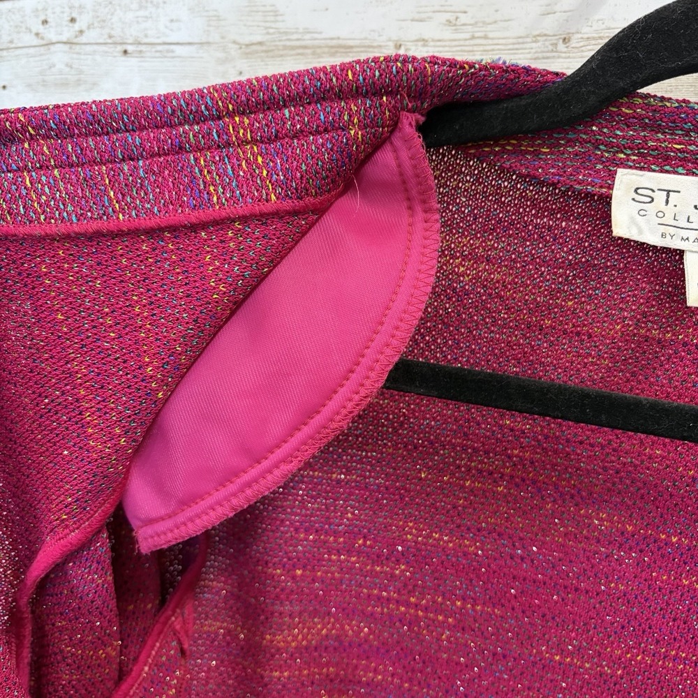 ST. JOHN Womens Suit 10 Jacket 12 Skirt Fuchsia Pink Metallic Shimmer Gold Clasp - Picture 13 of 16
